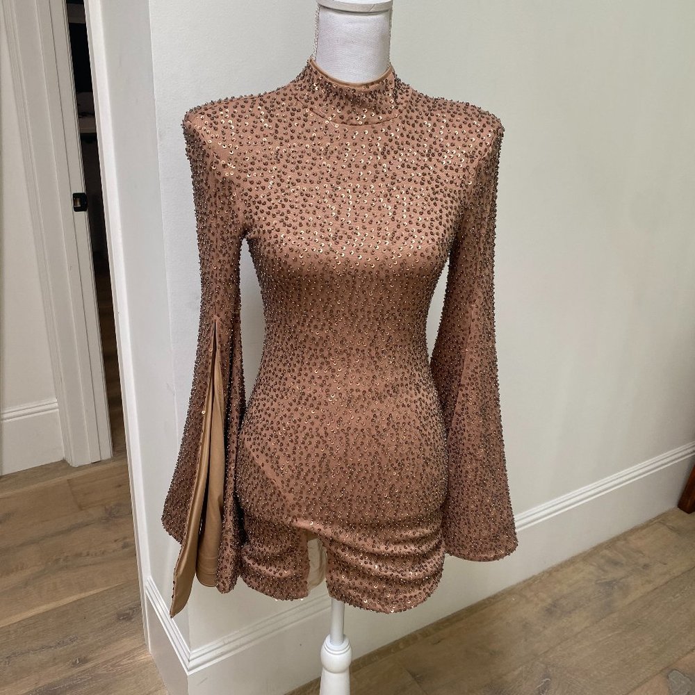 Michael Costello Rose Gold Embellished Long-Sleeve Mini Dress